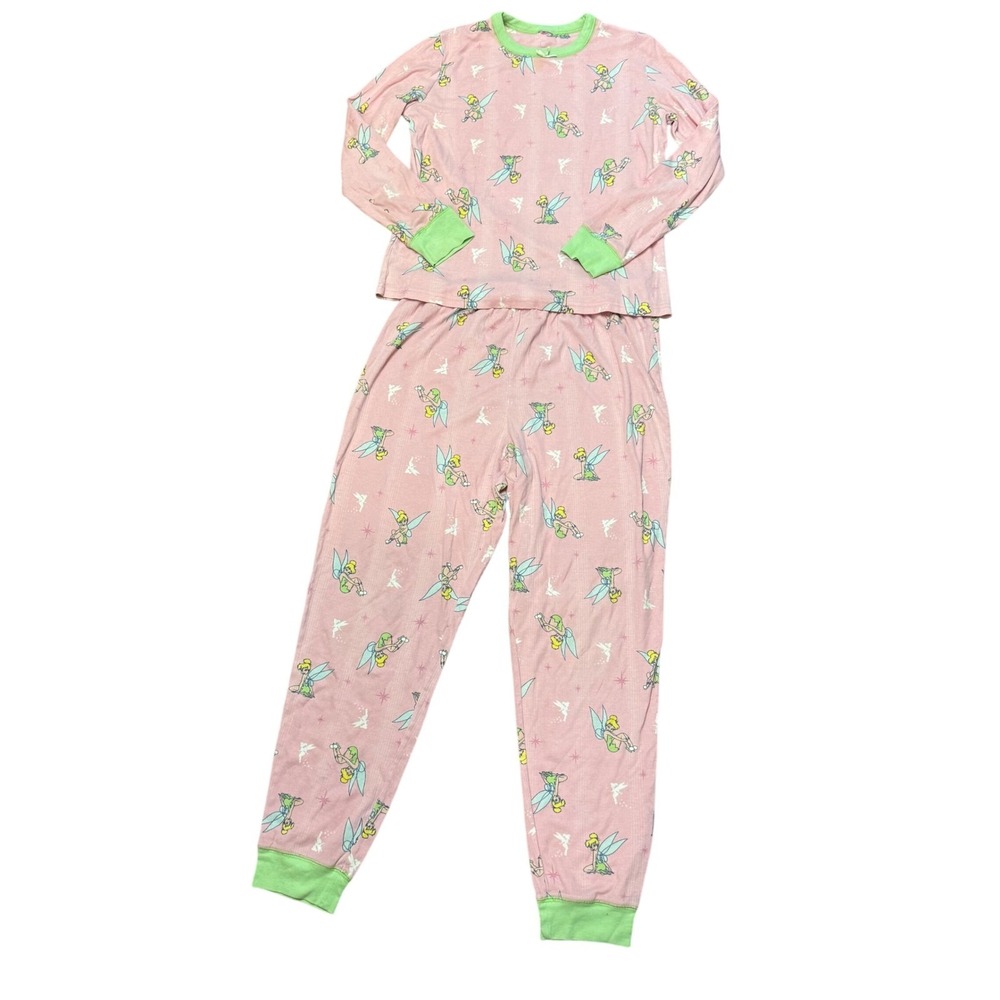 Disney Large Pink Green‎ Long Sleeve Tinkerbell Pajama Set Sleepwear Loungewear